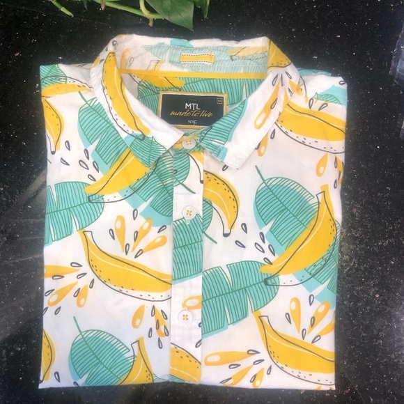 MTL Made to Live banana/palm leaf print mens button down short sleeve shirt - Picture 3 of 3